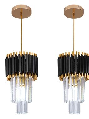 Contemporary Black and Gold Crystal Pendant Light - Pair